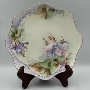 Vintage Bavarian Hand Painted Porcelain Plate Scalloped Edge with Gold Trim
